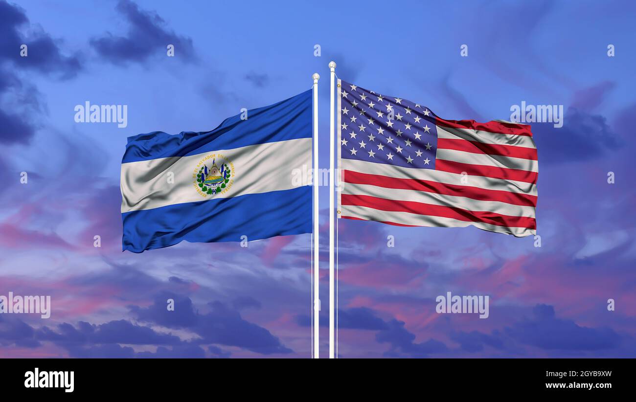 Waving American flag and flag of El Salvador Stock Photo - Alamy
