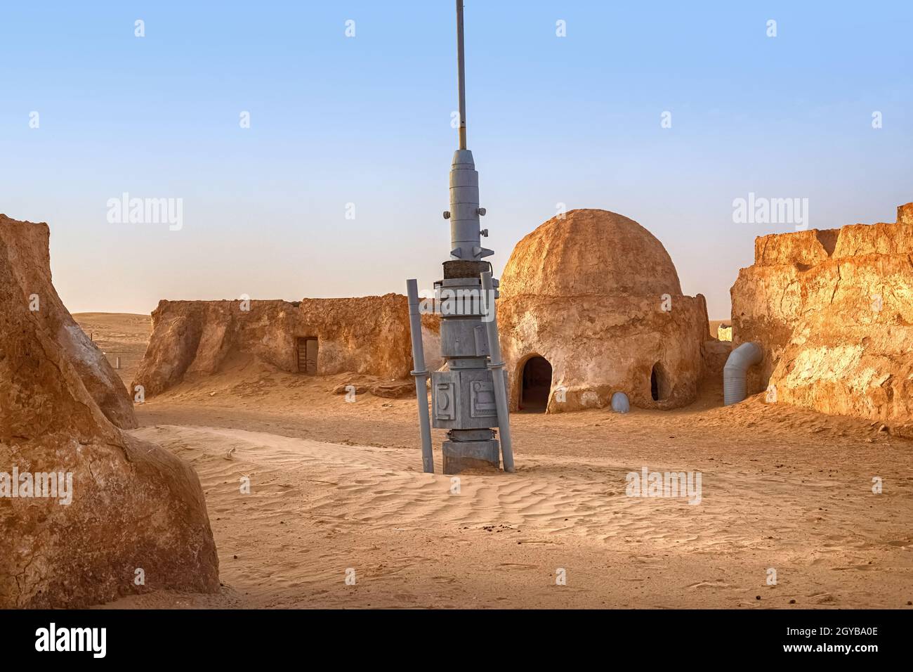 SAKHARA, Tunisia - May 17, 2021: The abandoned scenery of the planet Tatooine for the filming of Star Wars in the Sahara Desert with sand dunes in the Stock Photo