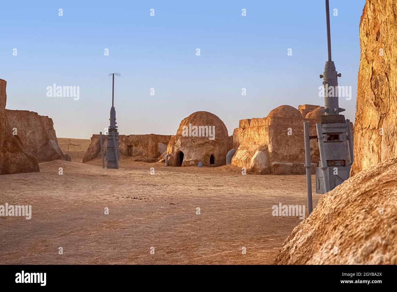 SAKHARA, Tunisia - May 17, 2021: The abandoned scenery of the planet Tatooine for the filming of Star Wars in the Sahara Desert with sand dunes in the Stock Photo