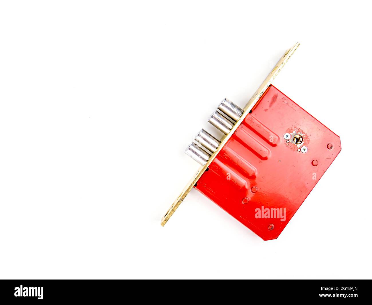 Door lock disassembled on a white background. Security. Security. Place for text. Technology. Stock Photo