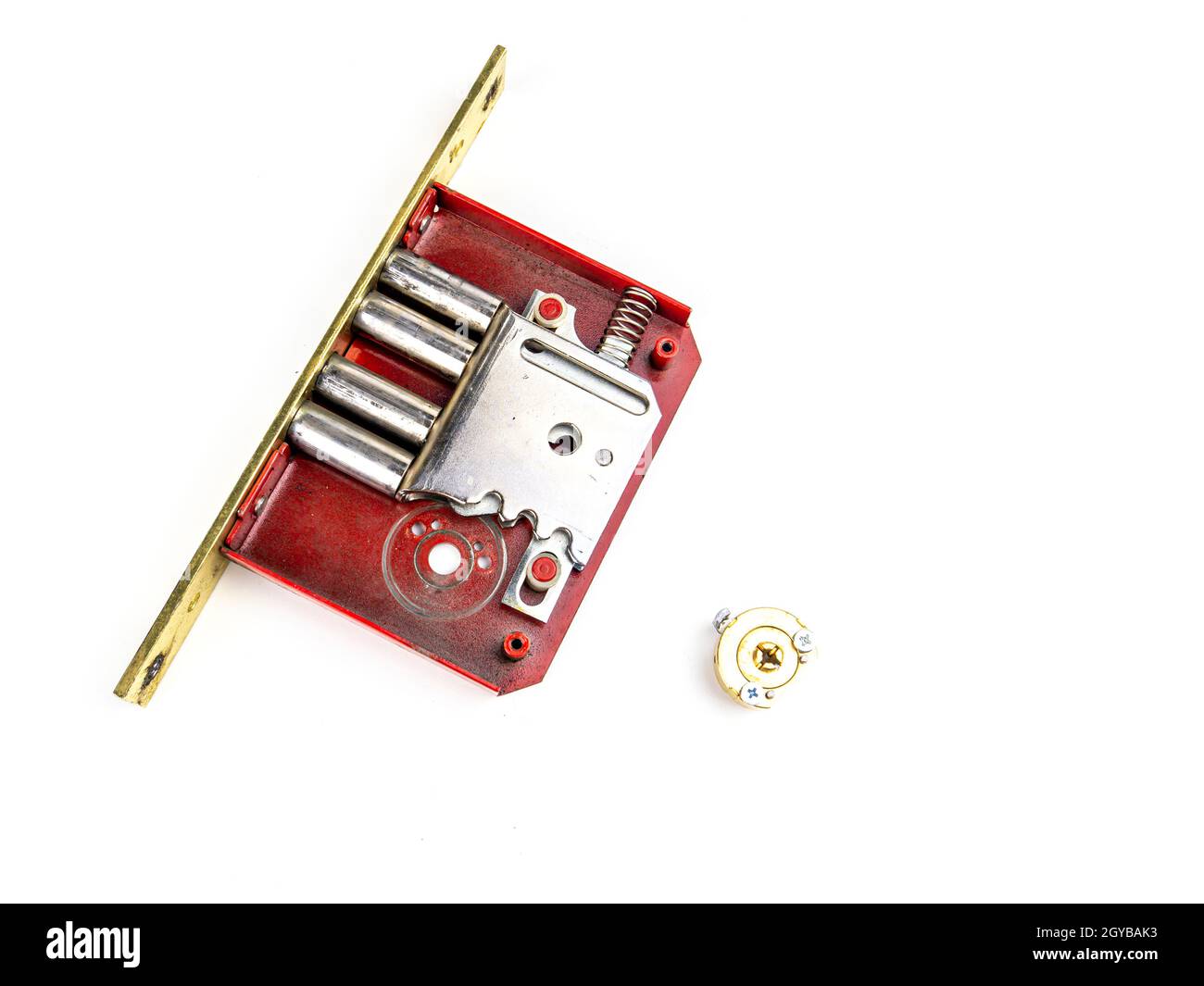 Door lock disassembled on a white background. Security. Security. Place for text. Technology. Stock Photo