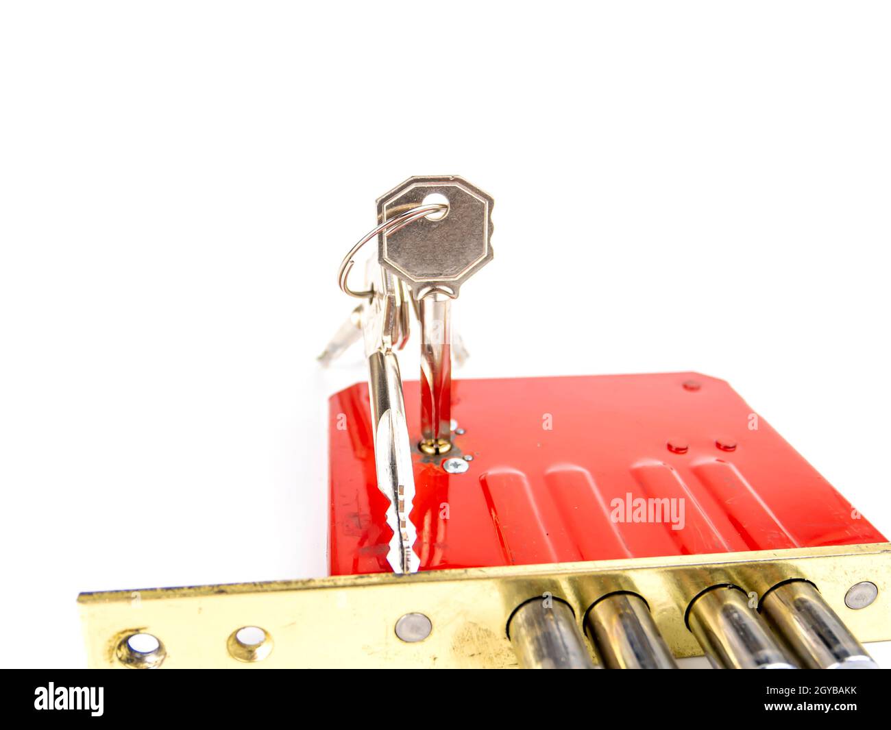 Door lock with keys on a white background. Security. Security. Place ...