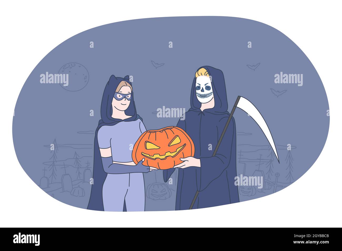 Celebrating Halloween holiday in spooky costumes concept. Young people cartoon characters in witch and death costume holding pumpkin in hands over cem Stock Photo