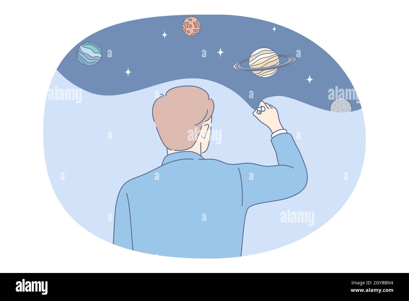 Astronomy and planetarium concept. Men scientist standing backwards and making picture of planets in universe and cosmos and galaxy vector illustratio Stock Photo