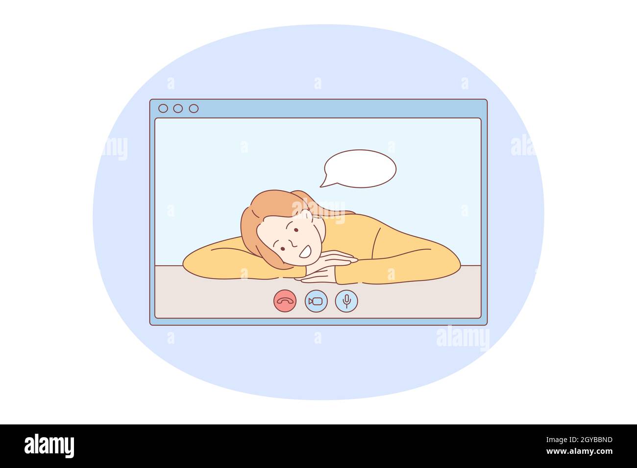 Online communication, chatting, video call concept. Laptop or tablet screen with smiling woman cartoon character face during video call or online meet Stock Photo