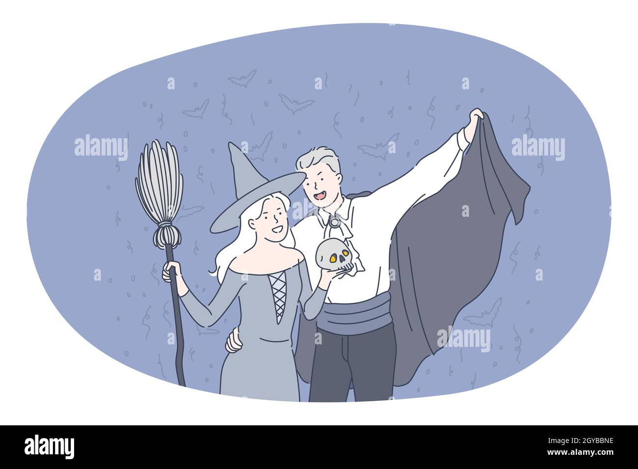Celebrating Halloween holiday in spooky costumes concept. Young positive couple in festive costumes of witch and dracula standing holding skull in han Stock Photo