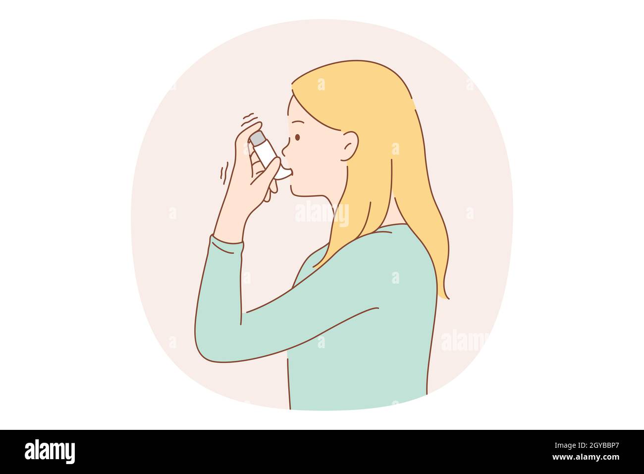 Asthma and inhaler concept. Young woman asthmatic using spray inhaler