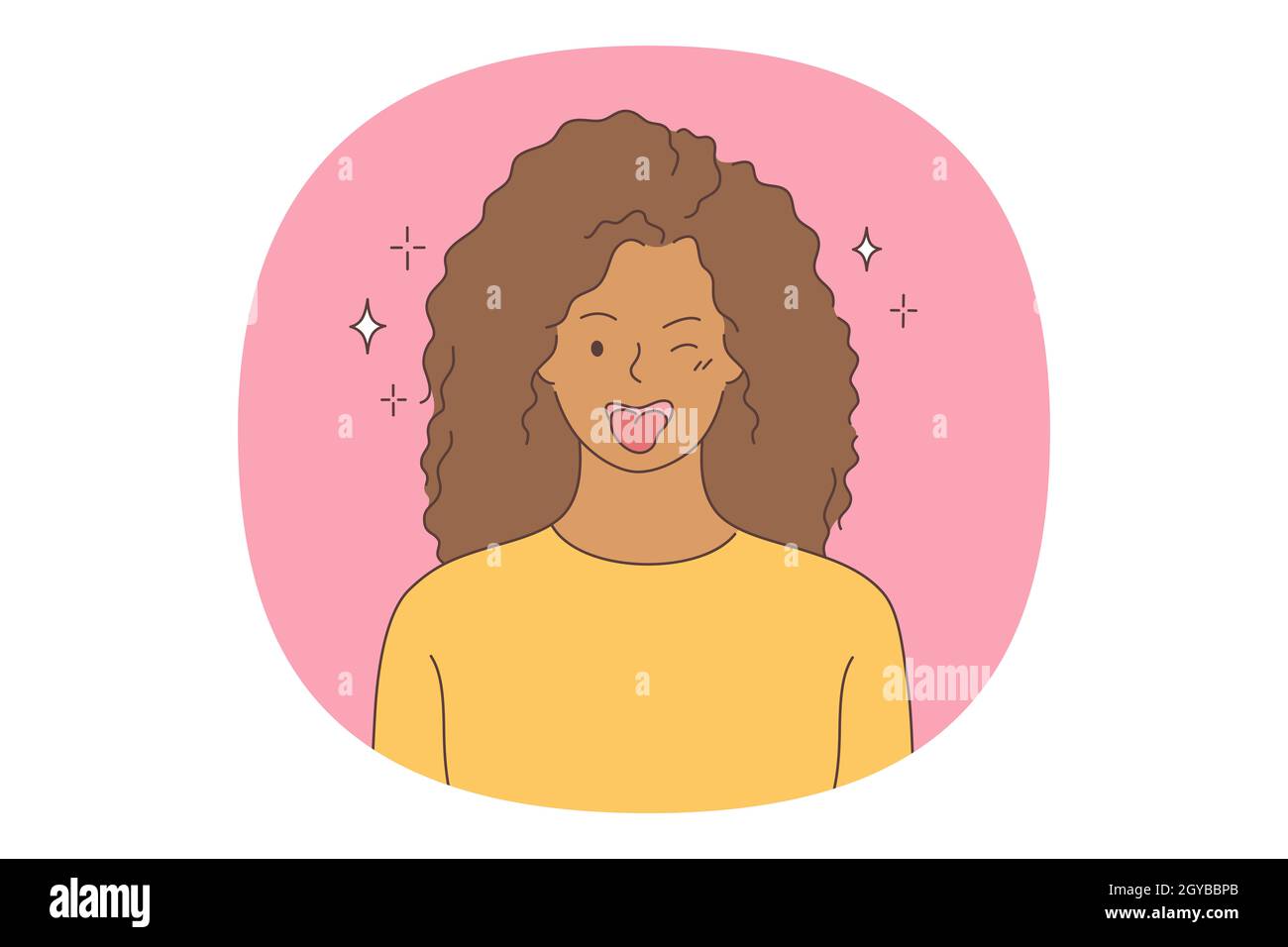 Woman expressing positive emotions concept. Young woman cartoon character showing tongue, feeling playful and happy, showing positive attitude and smi Stock Photo