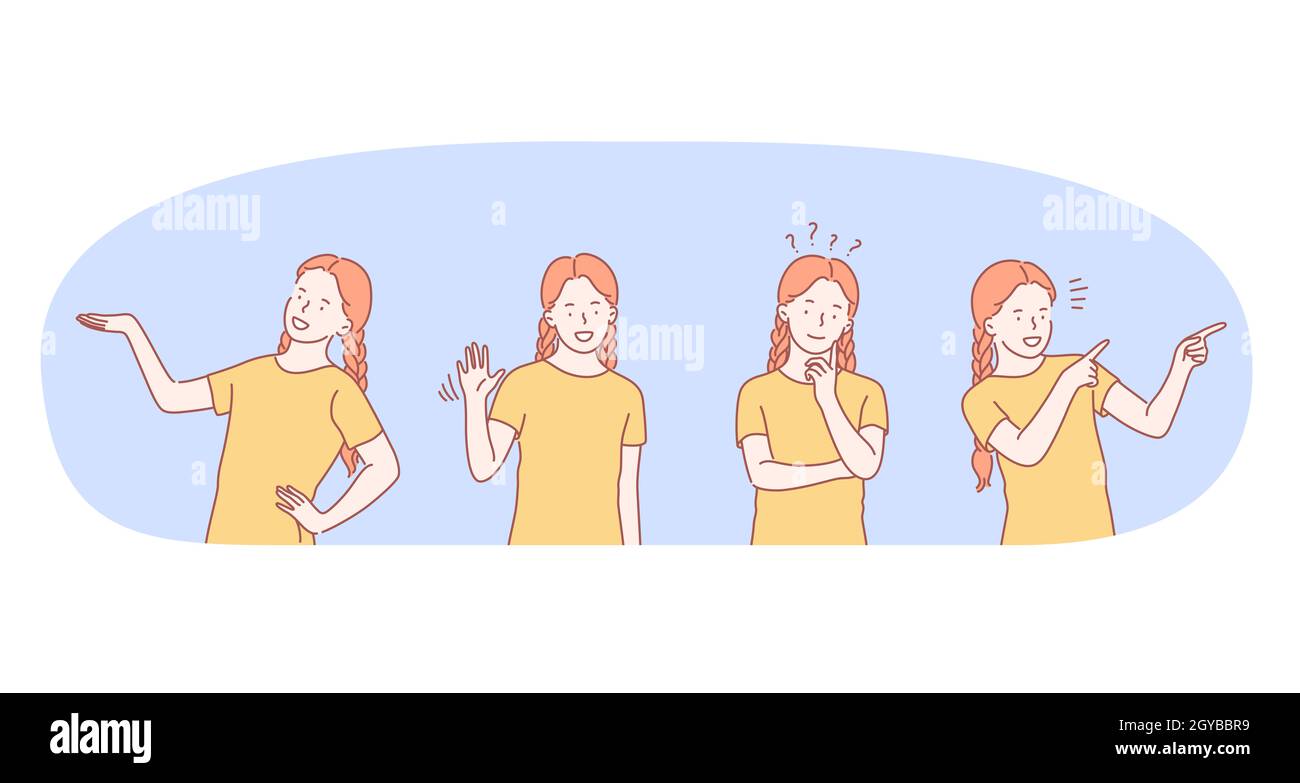 Woman expressing emotions concept. Young woman cartoon character pointing aside, thinking with doubt, waving and greeting with hand, showing positive Stock Photo