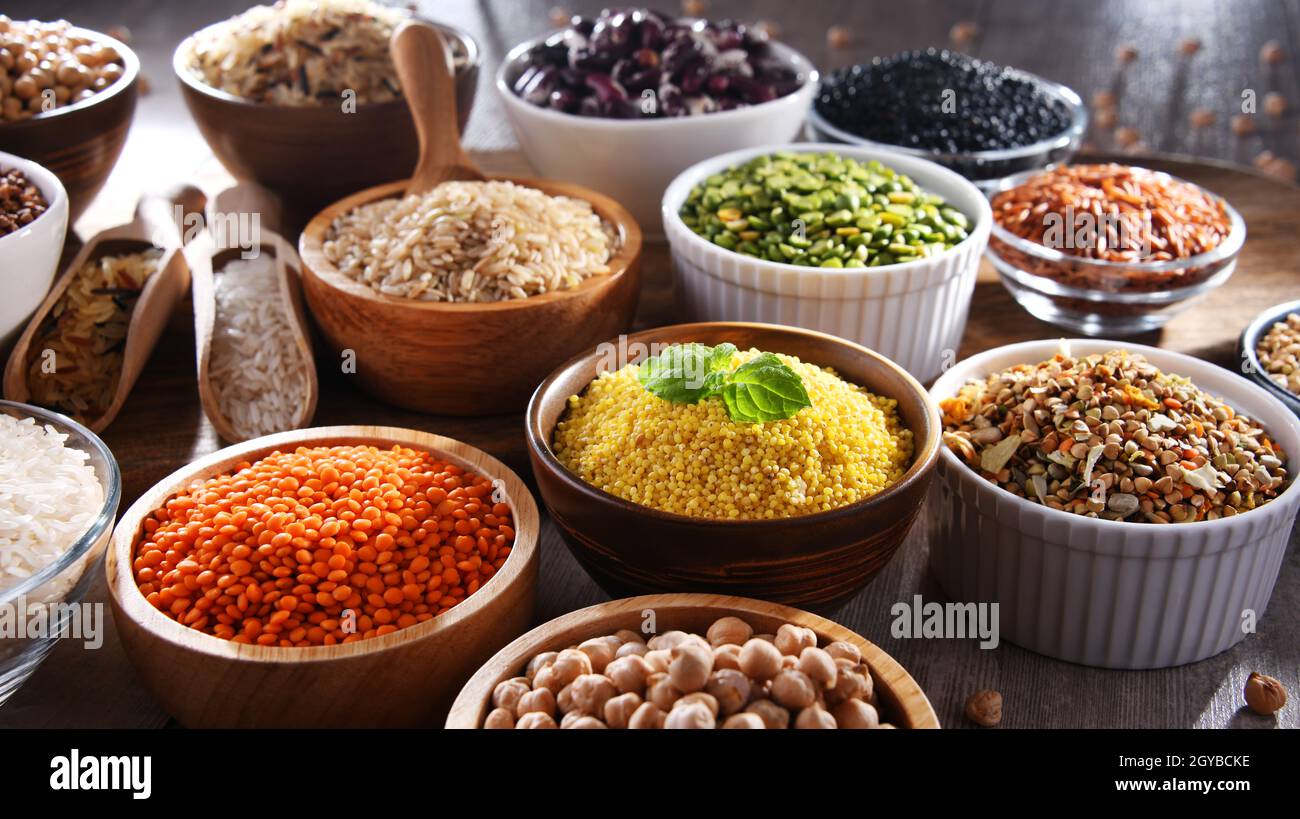 Composition with different kinds of dry food products Stock Photo Alamy