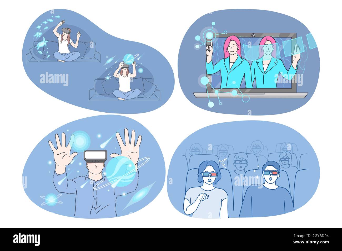 Virtual reality and cyberspace through 3d glasses concept. Young surprised women and men wearing special masks and glasses for simulation cyberspace t Stock Photo