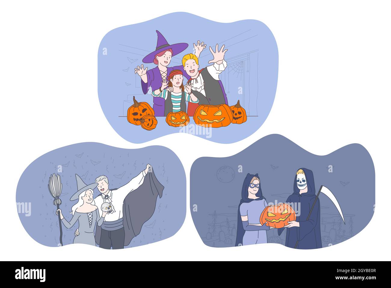 Celebrating Halloween holiday in spooky costumes concept. Young positive people cartoon characters in hats, vampire, witch, monster costumes celebrati Stock Photo