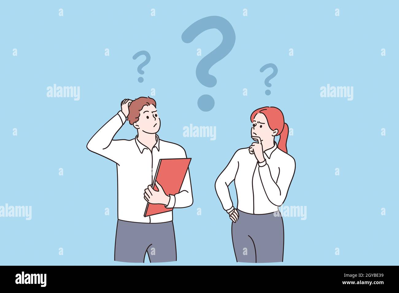 Feeling doubt, question, thinking concept. Young frustrated man and woman business partners cartoon characters standing feeling doubt with question si Stock Photo