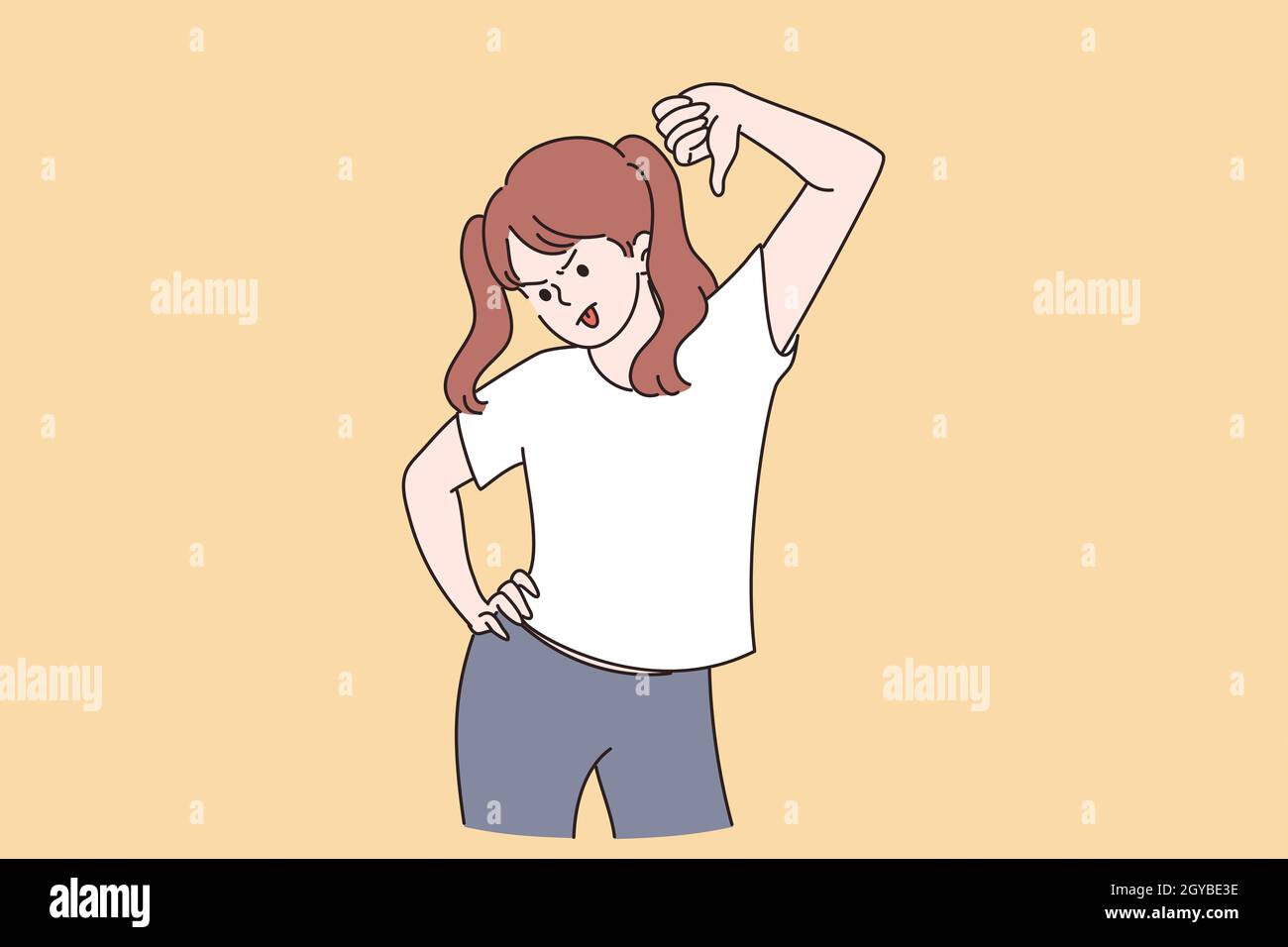 Thumbs down and negative expression concept. Young dissatisfied girl teen cartoon character standing showing thumbs down sign with fingers feeling ang Stock Photo