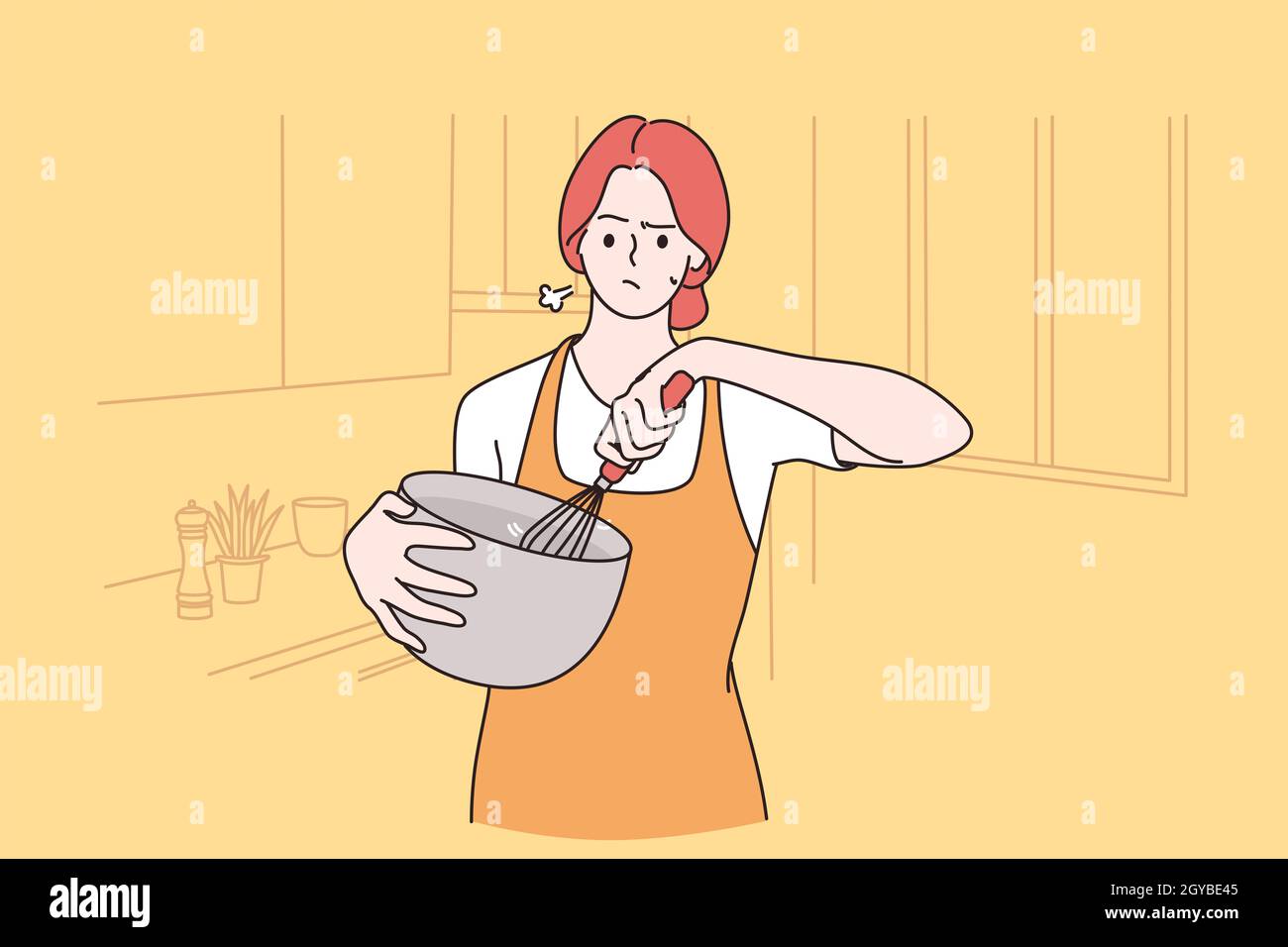 Tiredness of cooking at home concept. Sad frustrated irritated pretty girl cartoon character in apron standing cooking and feeling tired of housework Stock Photo