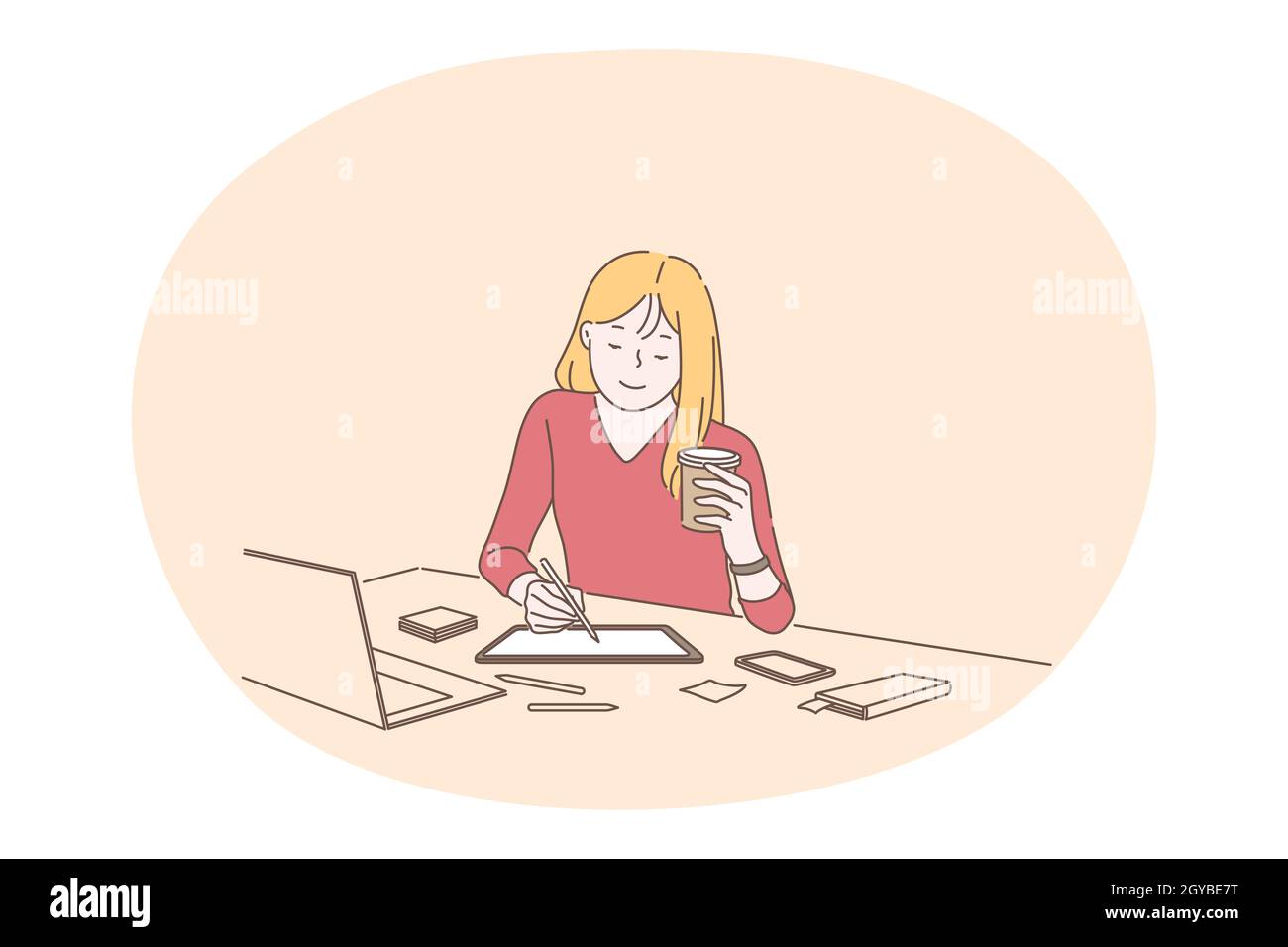 Working in office, modern company worker, online communication concept.  Young smiling woman designer cartoon character sitting on workplace with  lapto Stock Photo - Alamy