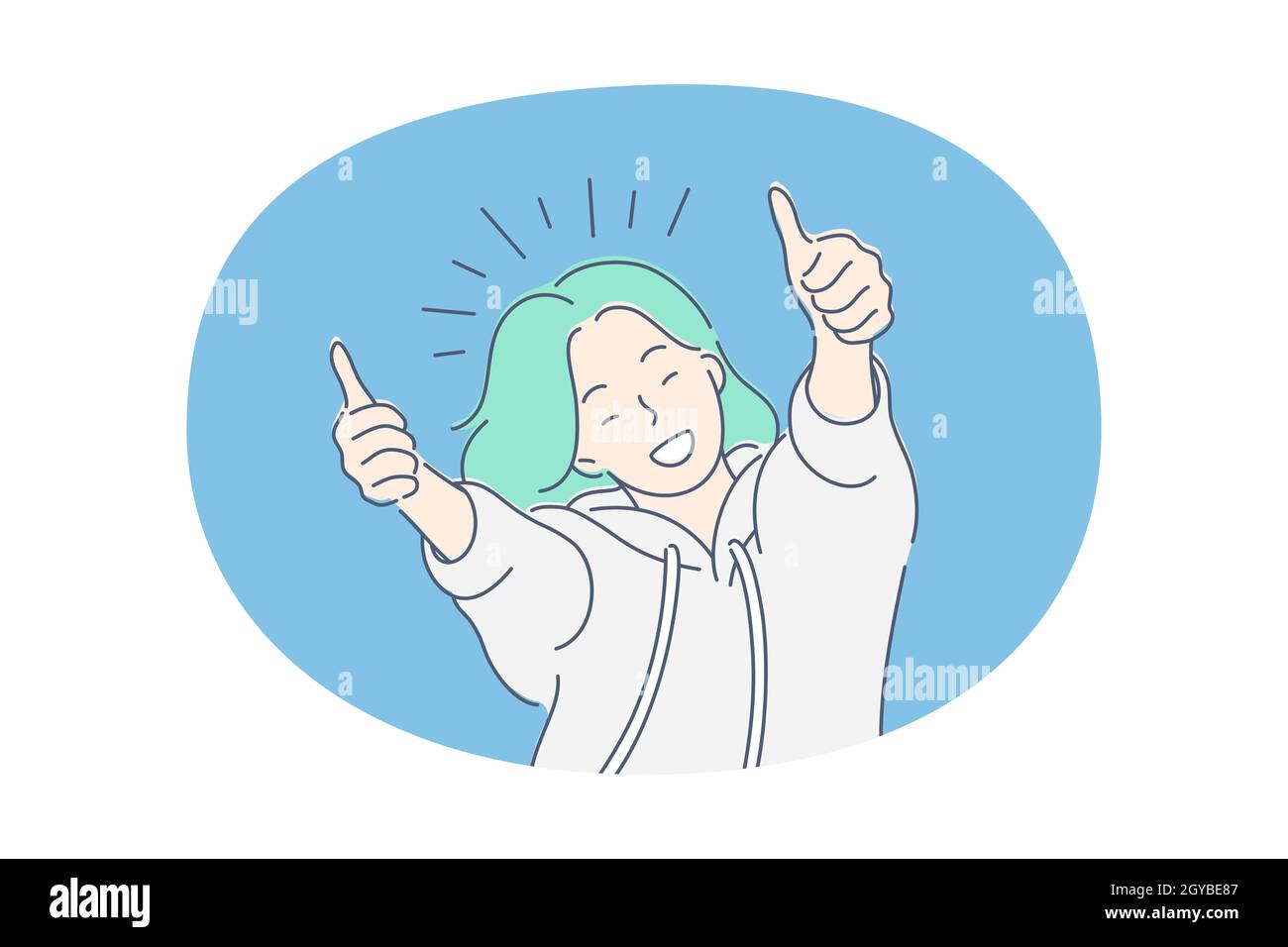 Woman expressing positive emotions concept. Young smiling woman cartoon character feeling happy and showing thumbs up good signs with fingers, showing Stock Photo