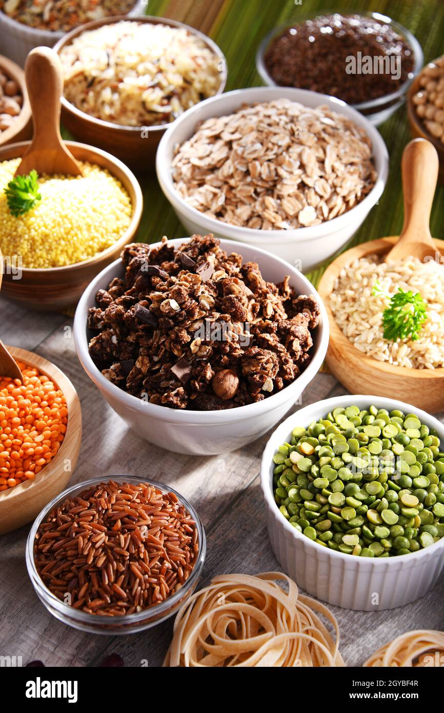 Composition with different kinds of dry food products Stock Photo Alamy