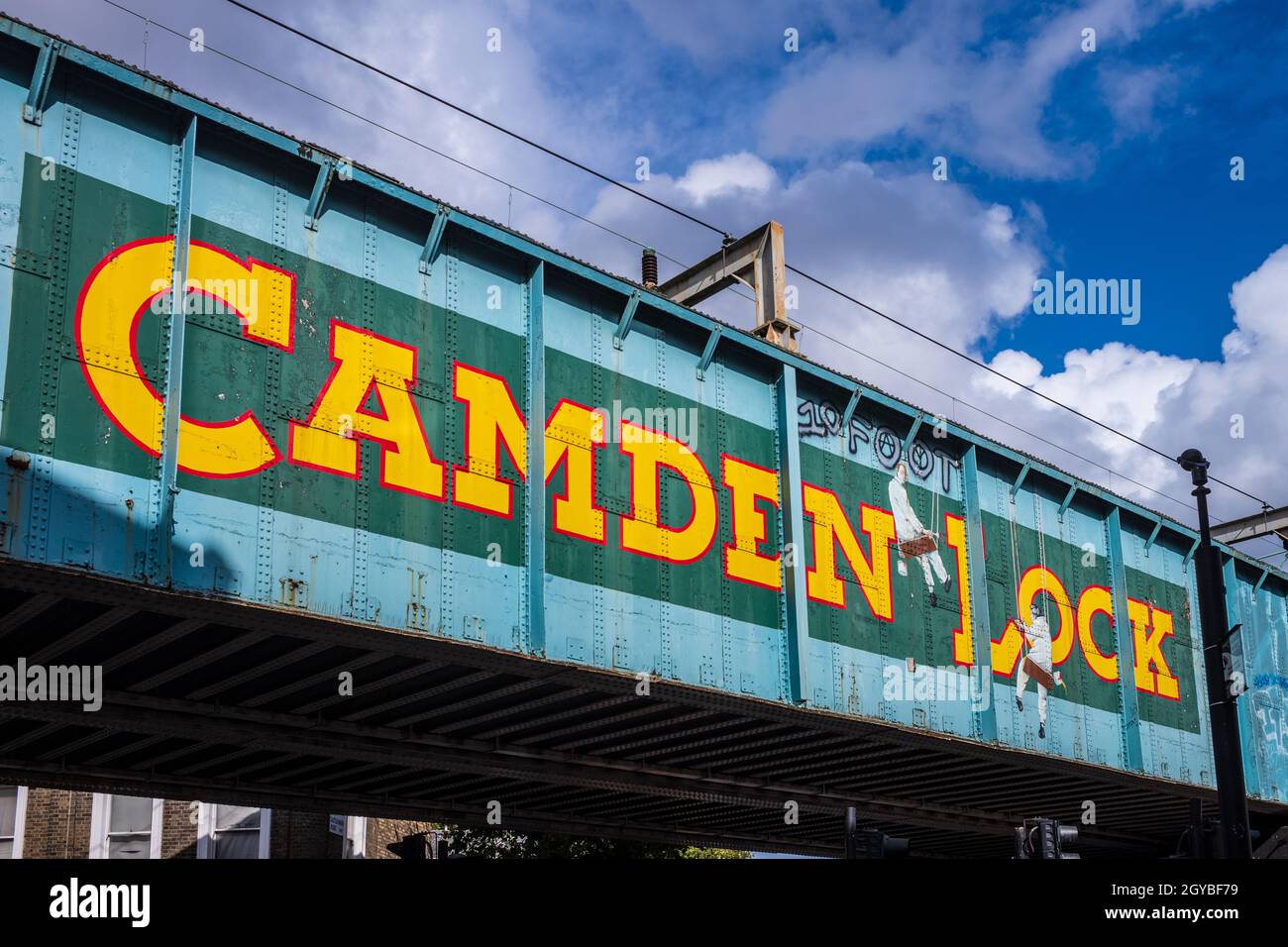 Camden Lock London - Painted bridge sign at Camden Lock, Camden, London. Camden Lock is a very popular tourist and fashion market destination. Stock Photo