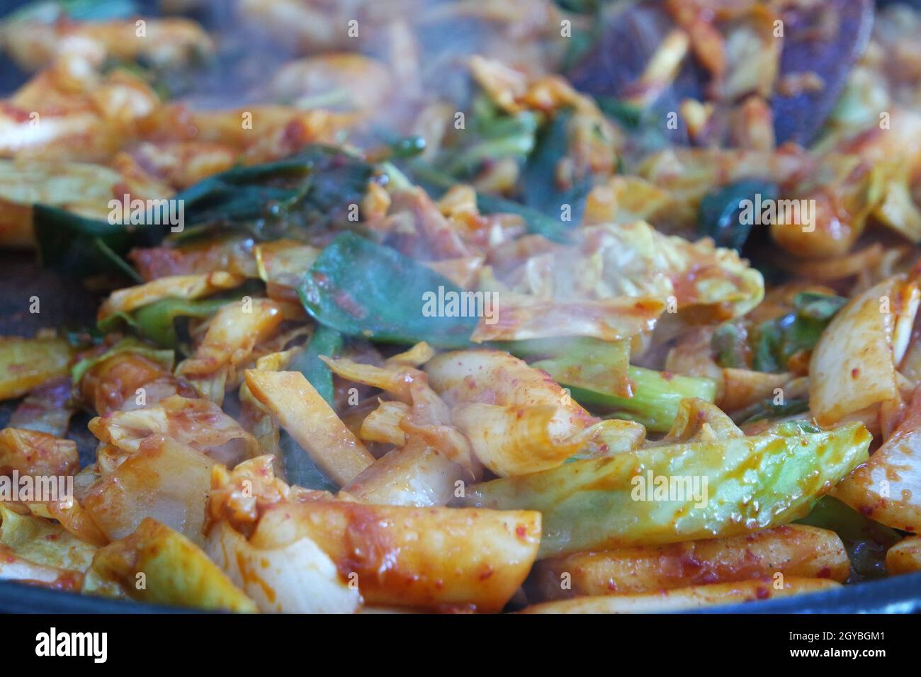 Dak galbi, traditional Korean food preparation. Fried chicken with
