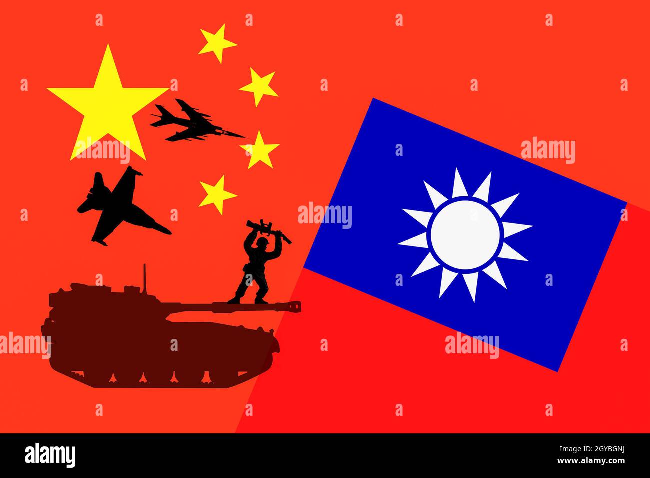 Flags of China and Taiwan. Concept image depicting the tension between the countries and the threat of China invading. Stock Photo