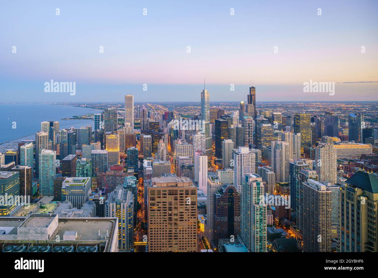 Aerial view of Chicago downtown skyline at sunset from high above Stock ...