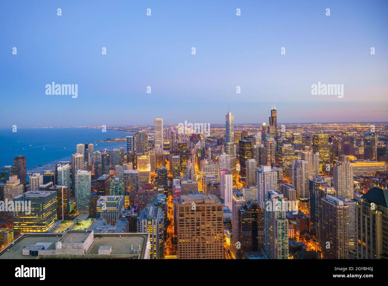 Aerial view of Chicago downtown skyline at sunset from high above Stock ...
