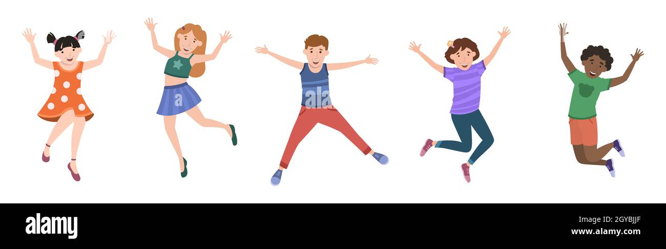 Five happy children jumping for joy on a white background - Vector ...