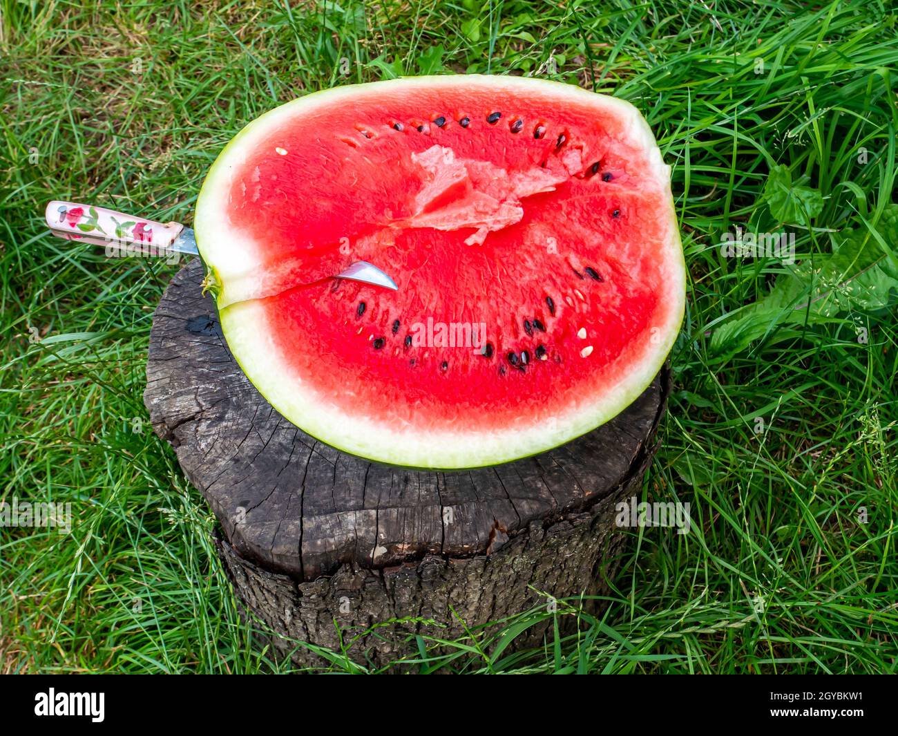 Red watermelon with seeds cut with a knife. Berry. Food photo. Place
