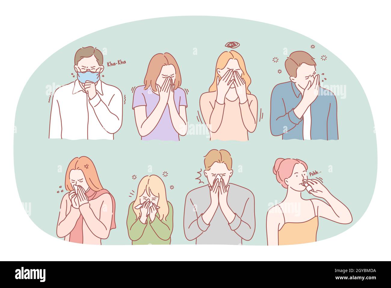 Cold, flu, feeling ill and infection concept. Unhappy sick people cartoon characters coughing and sneezing and feeling bad. Influenza, virus, fever, c Stock Photo