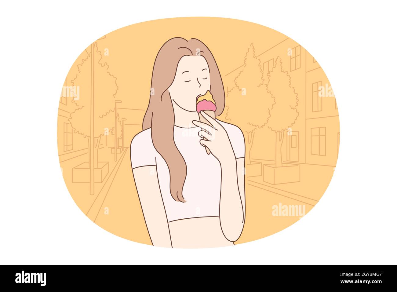 Calories, Unhealthy eating, fast and junk food concept. Young girl cartoon character standing and eating fruit ice cream outdoors with eyes closed. Ov Stock Photo