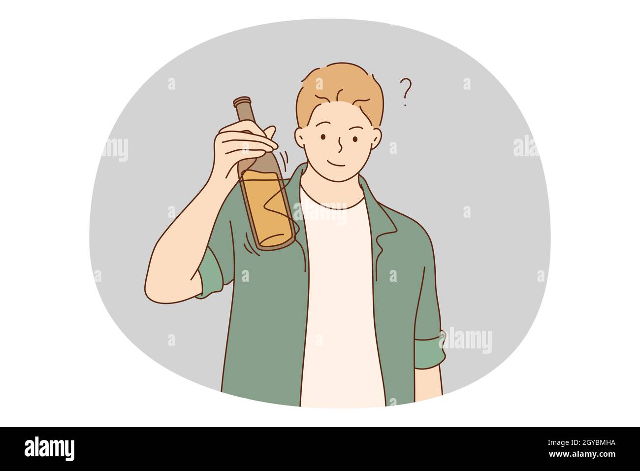 Alcohol addicted, spirit drinks, drinking lone concept. Young smiling man cartoon character standing holding bottle of wine, whiskey or other alcohol Stock Photo