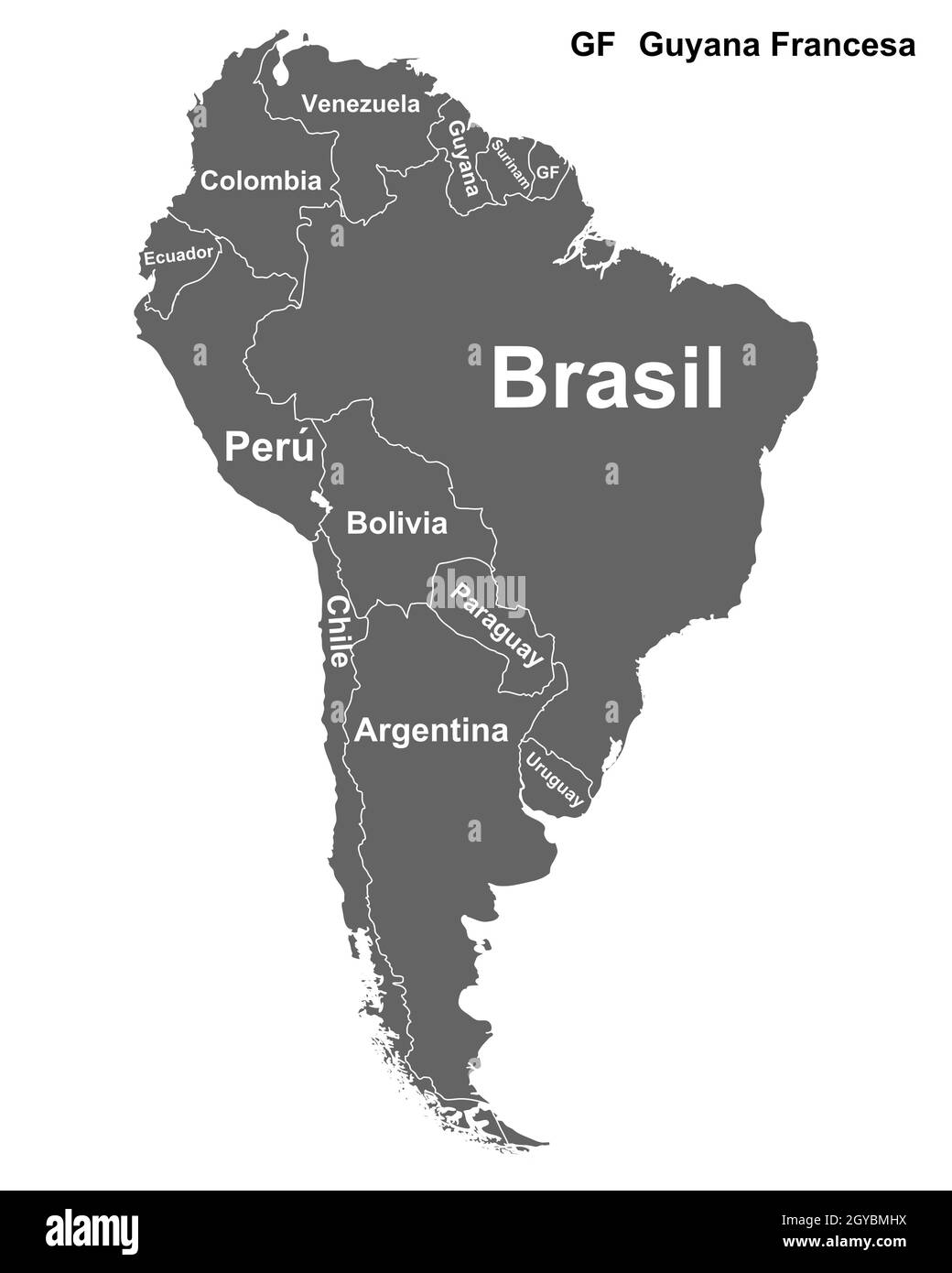 Landkarte von Südamerika mit allen Ländern Stock Photo