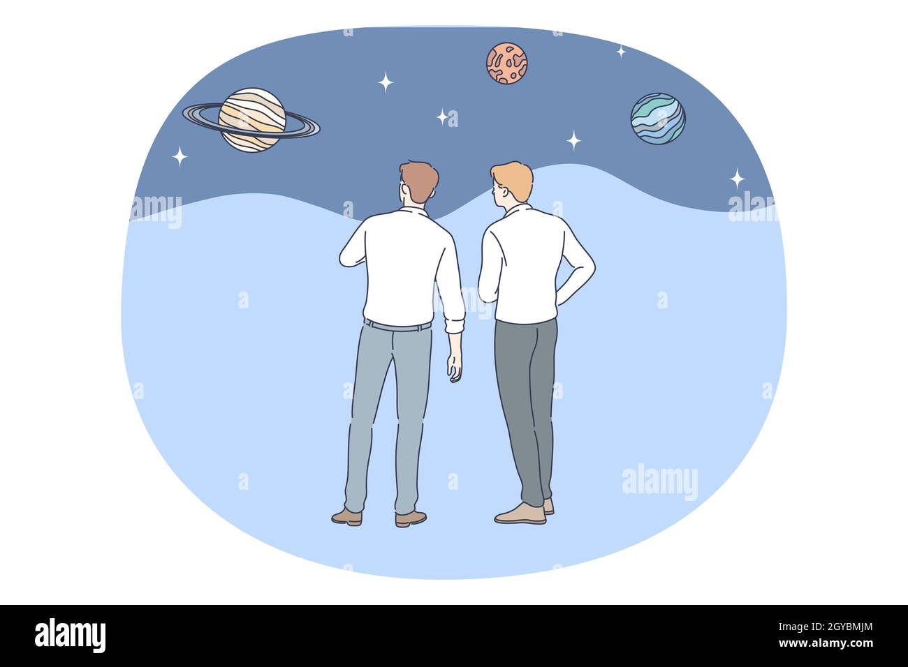 Astronomy and planetarium concept. Men scientists standing and observing planets in universe and discussing cosmos and galaxy together vector illustra Stock Photo