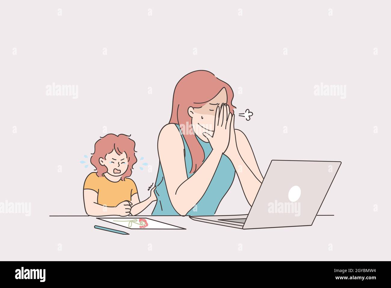 Distant working with child, freelance and stay at home concept. Tired stressed young woman mother trying to work from home at laptop with crying baby Stock Photo