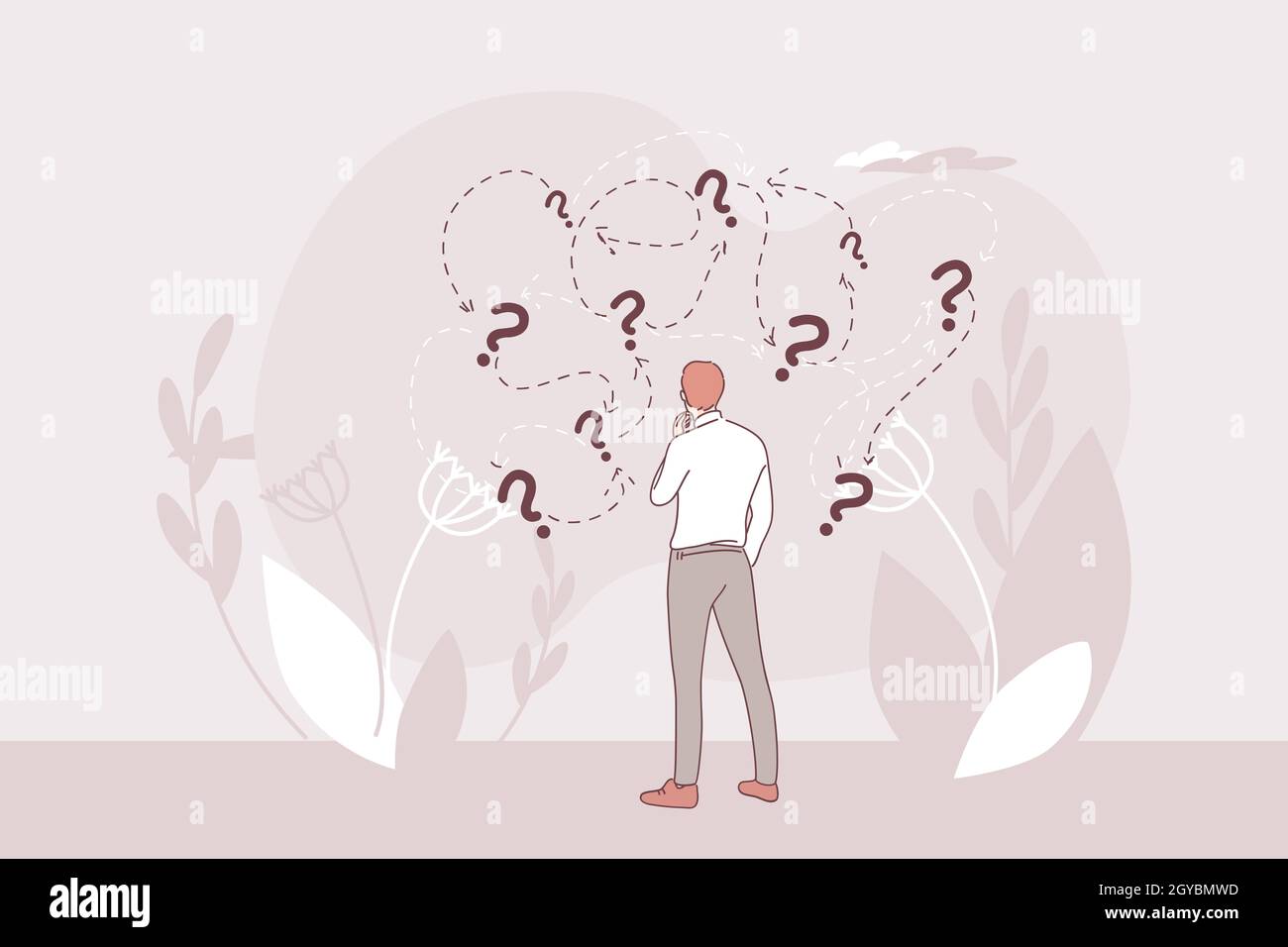 Making decision about strategy and business development way concept. Businessman cartoon character standing and ,akin right solution directions for qu Stock Photo