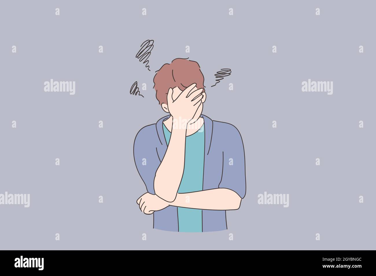 Depression, bad thoughts, stress concept. Young man cartoon character  covering face with hands and feeling upset unhappy and thoughtful vector  illustr Stock Photo - Alamy