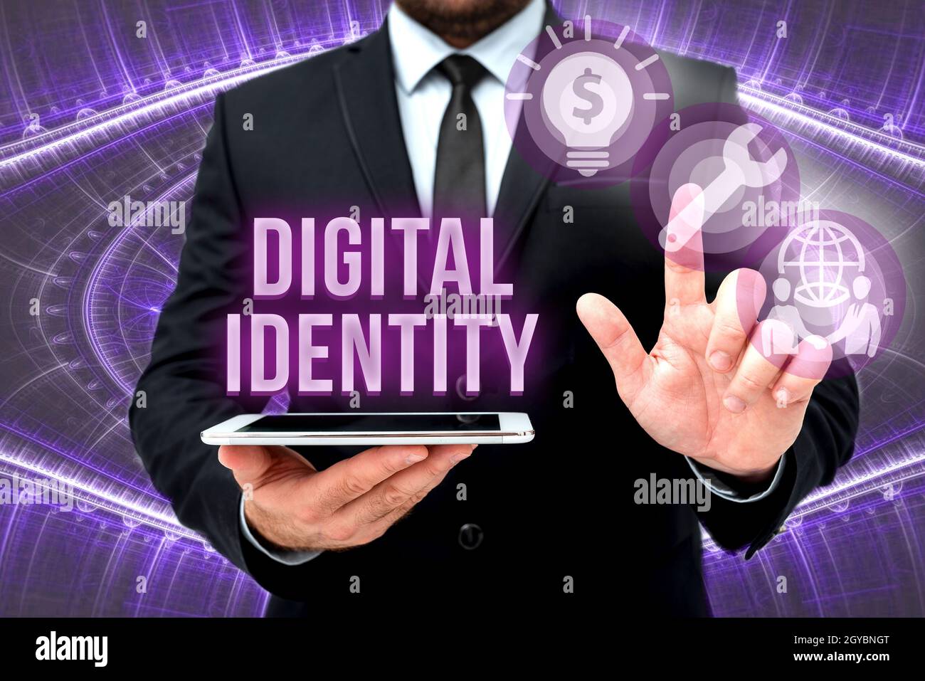 Sign displaying Digital Identity, Business idea networked identity adopted or claimed in cyberspace Man In Office Uniform Standing Pressing Virtual Bu Stock Photo