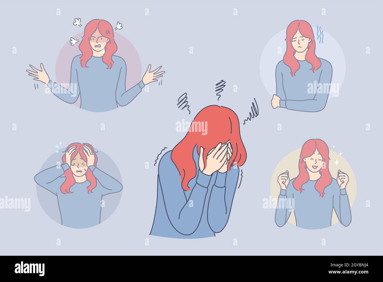 Bipolar disorder, phycological problem, schizophrenia concept. Young depressed woman cartoon character suffering from bipolar disorder with euphoria, Stock Photo