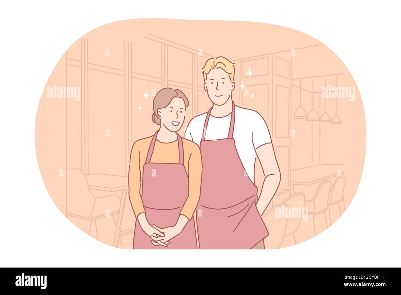 Work or part-time job for young people, occupation concept. Young smiling man and woman waiters cartoon characters in red aprons standing in restauran Stock Photo