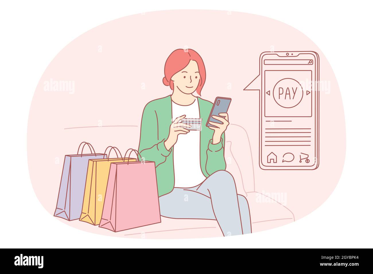 Online payment, electronic transaction, online order concept. Smiling woman sitting with shopping bags, smartphone and card and paying with contactles Stock Photo