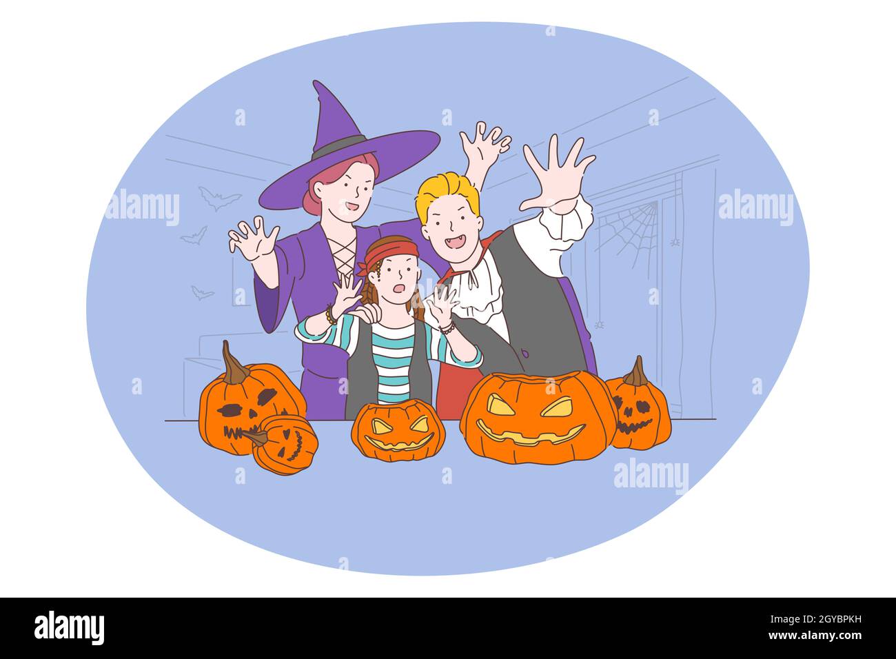 Celebrating Halloween holiday in spooky costumes concept. Young family with child in festive scaring costumes celebrating Halloween day with many pump Stock Photo