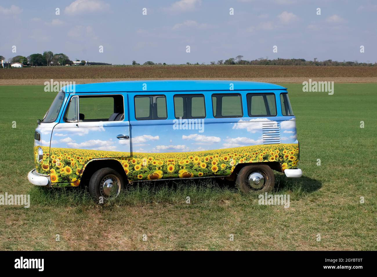 A volkswagen van decorated with images of sunflowers in an open field in a flower plantation in Holambra. Stock Photo