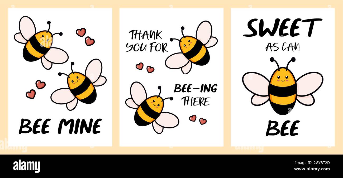 Cute bee set of three cards. Hand drawn collection of postcards colored ...