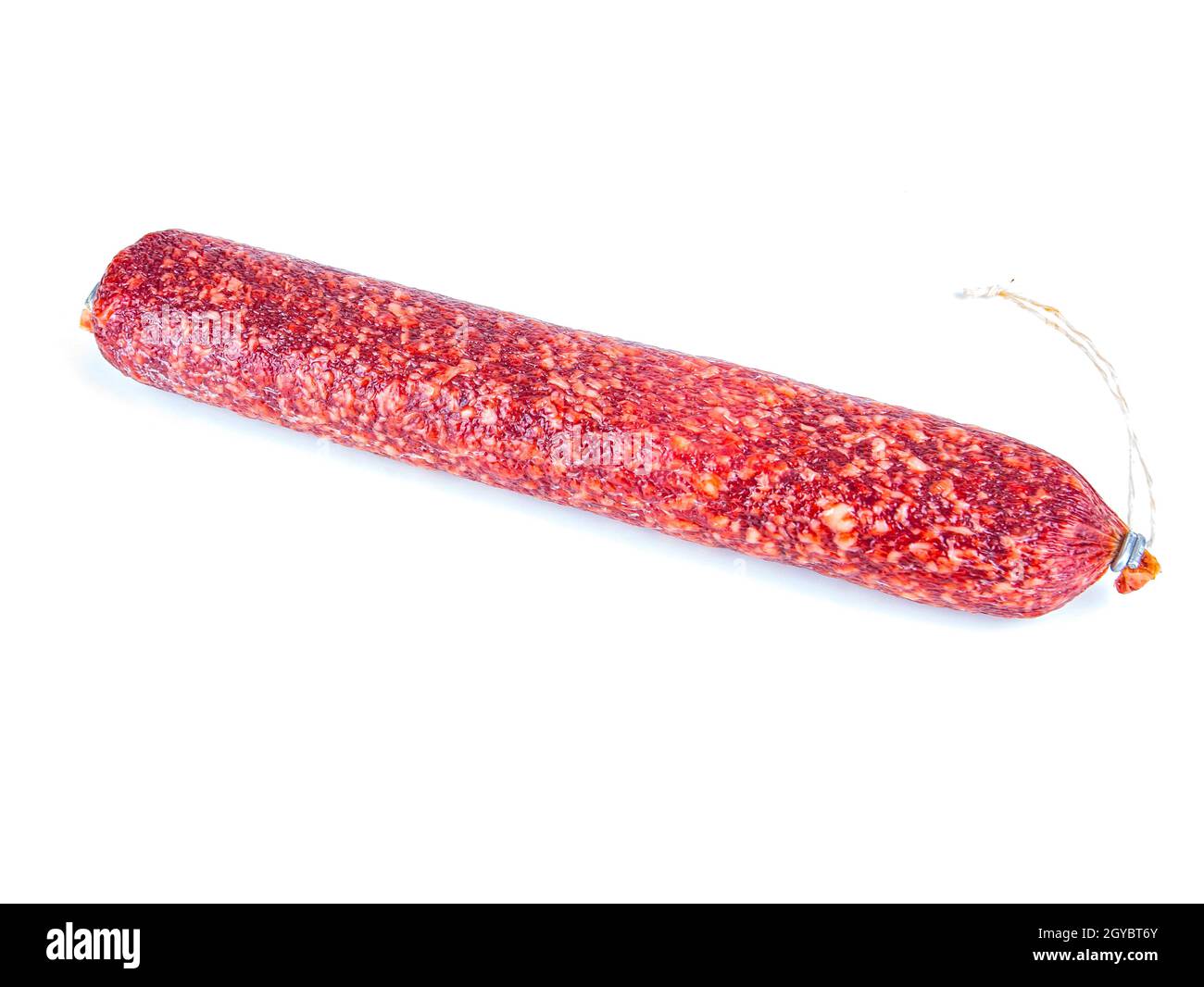 Meat product sausage on a white background. Pork sausage. Beef meat. Home kitchen. Fatty food. Unhealthy food. Calories. Showcase of a butcher's shop. Stock Photo