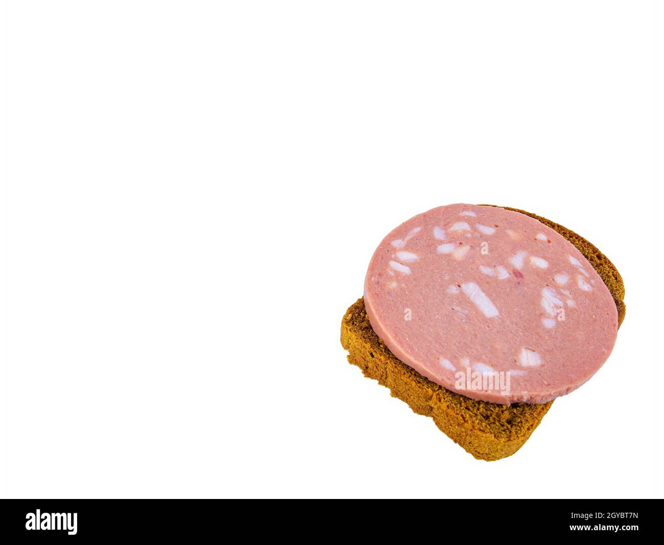 Black bread sandwich with pork sausage and lard on a white plate. Black bread. Meat sausage. Pig