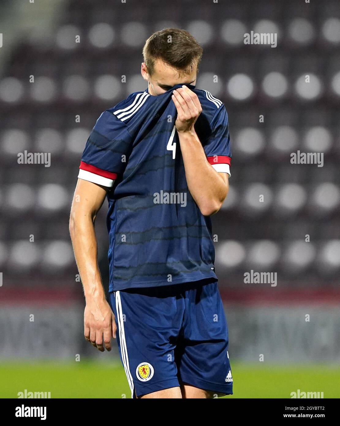Scotland's Lewis Mayo looks dejected after the UEFA Under-21 Championship Qualifying Round Group I match at Tynecastle Park, Edinburgh. Picture date: Thursday, October 7, 2021. Stock Photo