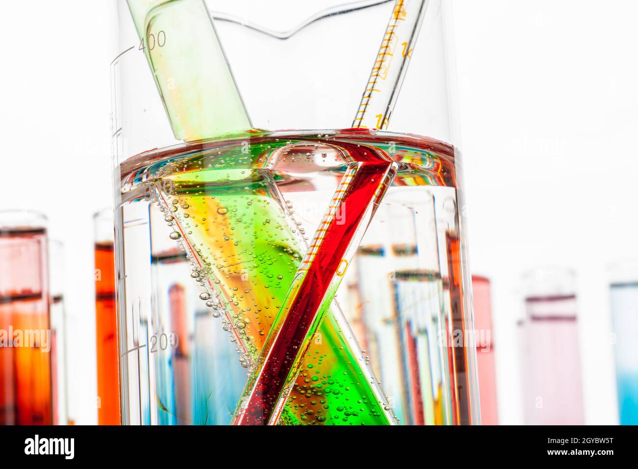 Test tubes with colorful chemicals close up in laboratory Stock Photo ...