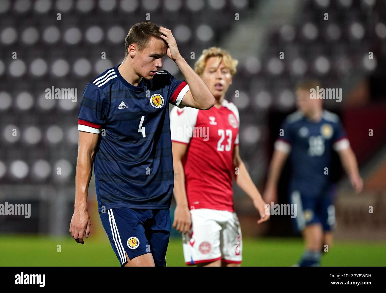 Scotland's Lewis Mayo looks dejected after the UEFA Under-21 Championship Qualifying Round Group I match at Tynecastle Park, Edinburgh. Picture date: Thursday, October 7, 2021. Stock Photo