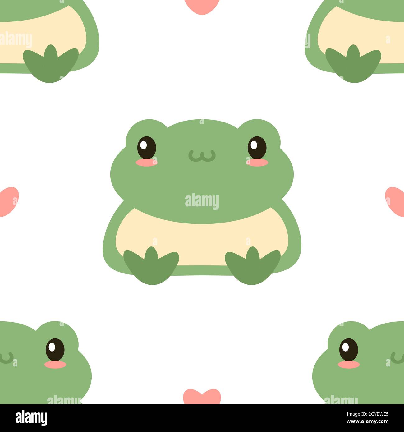 Green cute frog hand draw seamless pattern vector illustration. Smiling siting childish toad ornament. Cartoon flat style wallpaper for kids, baby nursery print. Stock Vector